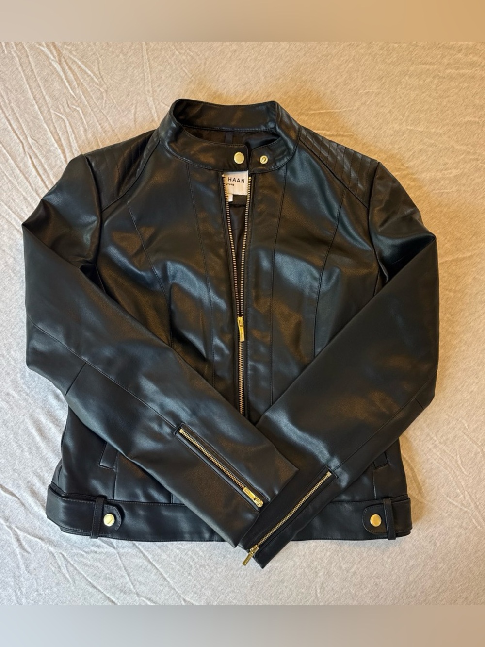 Cole Haan Black Faux Leather Zip-Front Jacket